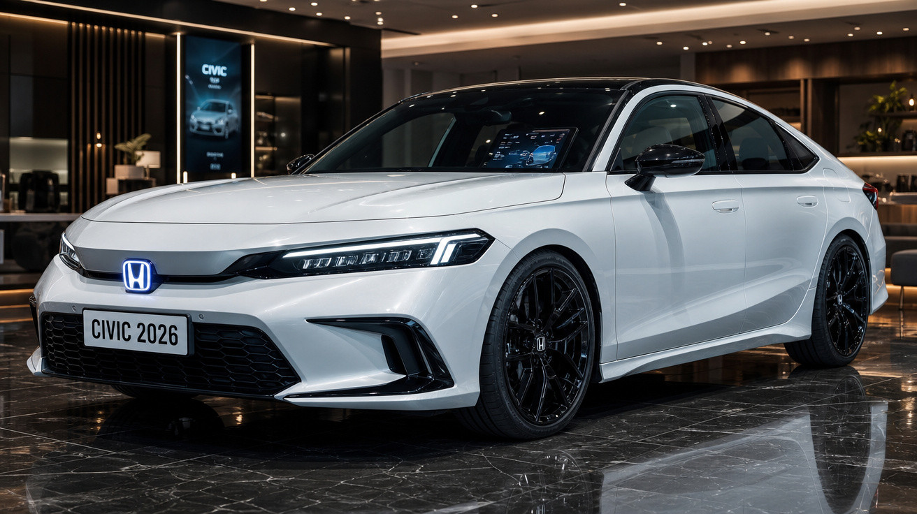 White 2026 Honda Civic with sleek design and black alloy wheels displayed indoors on polished floor.
