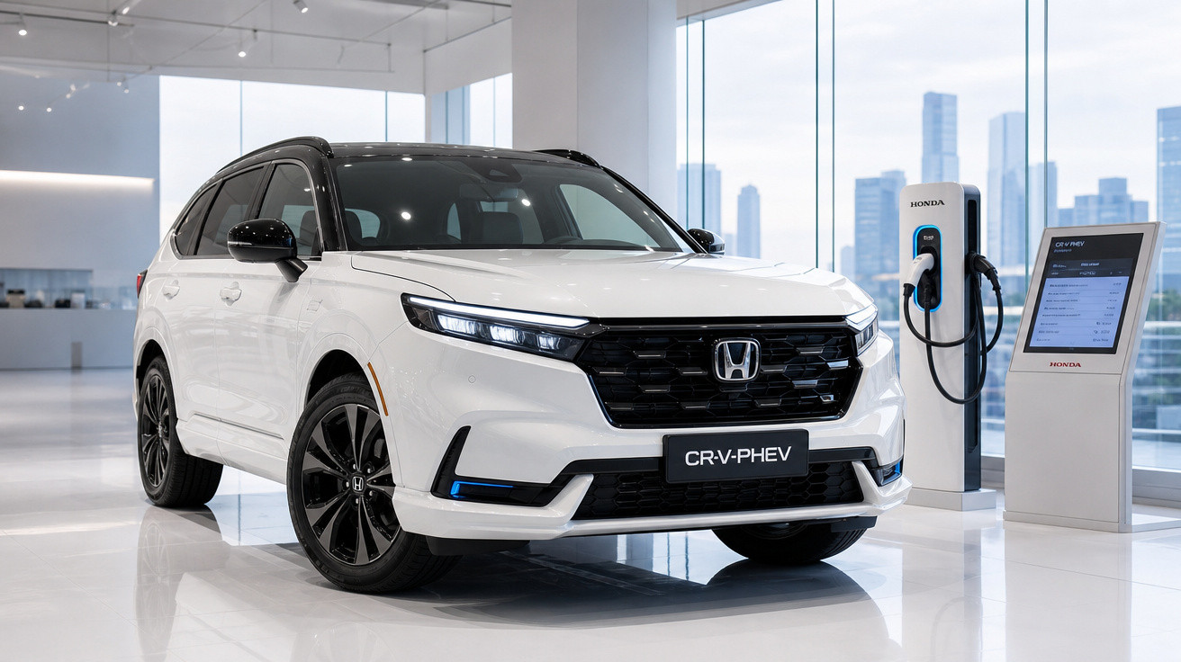 White Honda CR-V PHEV parked inside a showroom next to an electric vehicle charging station and display screen.