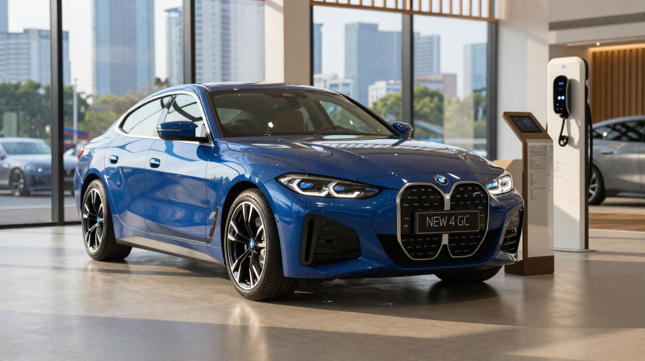 Blue BMW electric car parked indoors next to a charging station with city buildings visible outside.