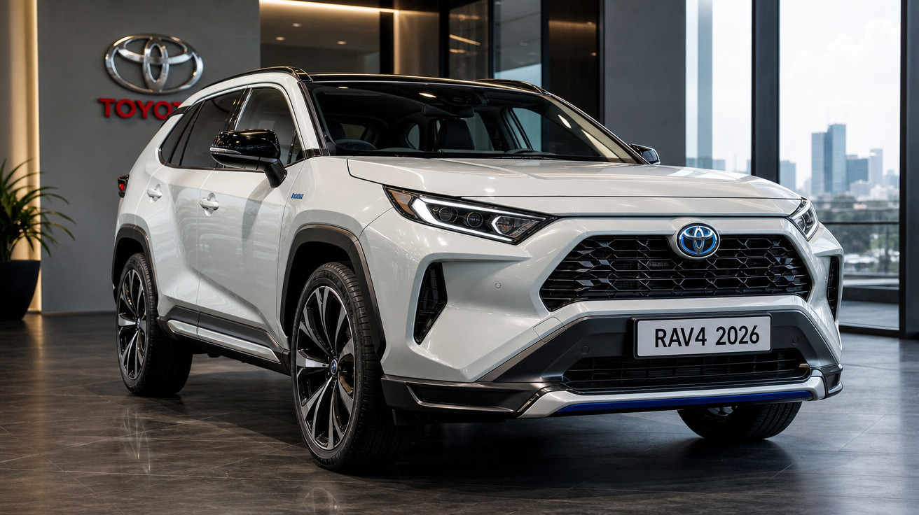 White 2026 Toyota RAV4 hybrid SUV displayed in showroom with city skyline visible through windows.